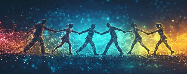 Poster - Business people holding hands walking forward together technology concept