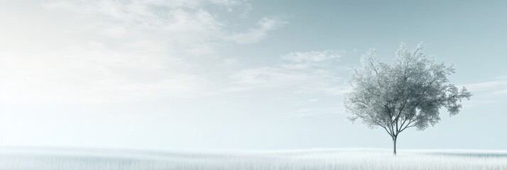 Poster - A solitary tree stands in a vast, serene landscape under a pale sky during the early morning light. Generative AI