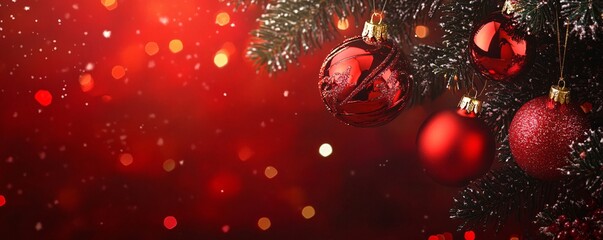 Aufkleber - Christmas tree branch decorated with red baubles on red background