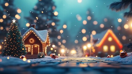 Aufkleber - Cozy christmas eve with snow falling on a small town lit with christmas lights