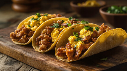 Wall Mural - Tacos de Chicharron con Huevo - Tacos filled with crispy pork skin and scrambled eggs, breakfast perfection.