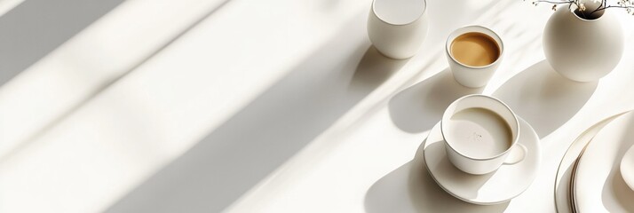 Fototapete - Late morning coffee ritual featuring stylish cups and a minimalist setting with soft shadows. Generative AI