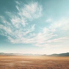 Leinwandbilder - Vast open landscape under a bright sky with scattered clouds and distant mountains in the background during daytime. Generative AI