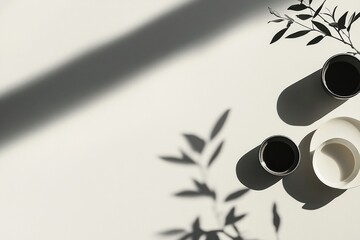 Aufkleber - Elegant arrangement of coffee cups with shadows and greenery on a bright surface during morning light. Generative AI