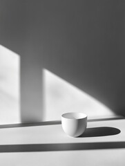 Poster - Simple white bowl casting a shadow on a minimalist surface illuminated by soft natural light in a serene environment. Generative AI