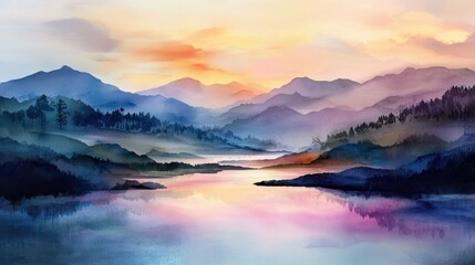 Wall Mural - a painting of a mountain range with a lake in the foreground