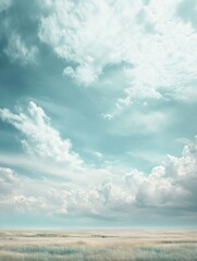 Poster - Vast open field under an expansive blue sky with fluffy clouds during a tranquil afternoon. Generative AI