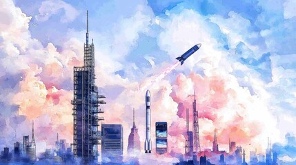 Wall Mural - A rocket is flying through the sky above a city