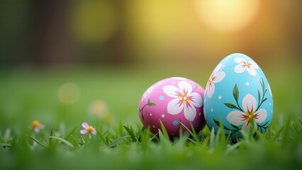  eup beautifully painted easter eggs blur grassy background concept good friday spring full moon selective focus empty