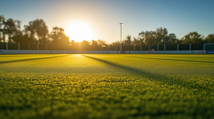 Wall Mural - golden sunlight washing over deserted hockey field, casting warm shadows across bare playing surface