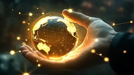 Wall Mural - A hand holding a glowing globe, symbolizing global connectivity and technology.