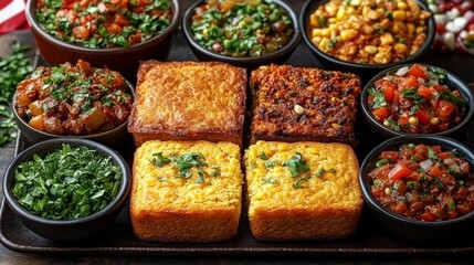 Plated cornbread with chili and vibrant sides ideal for a hearty meal or celebration. Generative AI