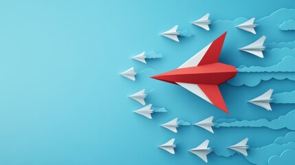 Fototapete - Red and white airplane leads formation of paper planes in bright blue sky showcasing direction and teamwork. Generative AI