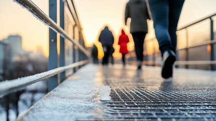 Wall Mural - close up of a small icicle melting on a frosted metal bridge with blurred people walking in the back