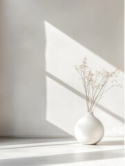 Poster - Simple vase with dried flowers illuminated by natural light on a neutral wall and floor setting. Generative AI
