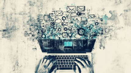 Composite trend artwork sketch image photo collage of anonymous hand hold type keys laptop remote job chatting app message network