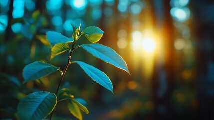 Canvas Print - Sunrise forest leaves nature spring background