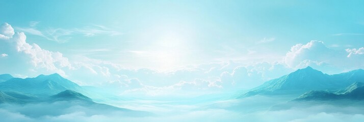 Leinwandbilder - Sky and mountains under a bright sun with clouds and mist creating a serene atmosphere at midday. Generative AI