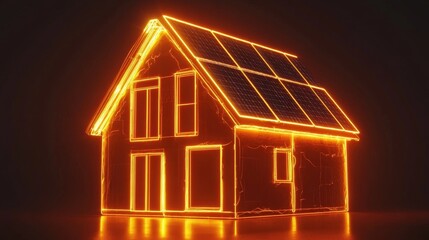 Wall Mural - Futuristic illuminated house with solar panels glowing against a dark background at night