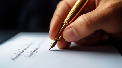 Aufkleber - Hand holding a golden fountain pen writing elegantly on white paper. Generative AI