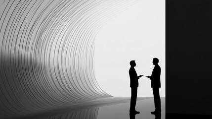 Wall Mural - Business negotiation between two professionals illuminated by minimalist design in a modern setting. Generative AI