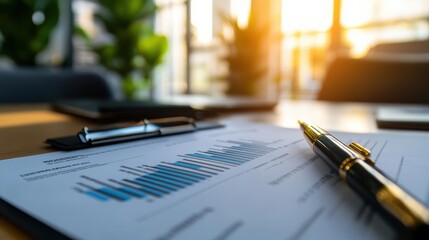 Fototapete - Business reports and charts displayed on a desk with sunset light creating a warm atmosphere in a modern office. Generative AI
