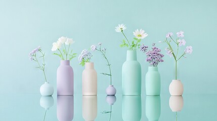 Wall Mural -   A cluster of vases brimming with blossoms perched atop a transparent table, mirrored in the water below