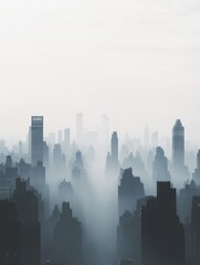 Sticker - Cityscape enveloped in heavy gray smog with silhouettes of buildings fading into haze. Generative AI