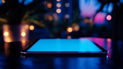 Tablet on table, night scene, bokeh lights, website mockup