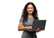 © Over View - A confident woman with wavy dark brown hair, wearing a gray dress, holding a laptop and smiling warmly isolated on transparent, White background