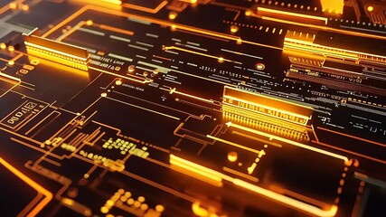 Wall Mural - Abstract digital circuitry with glowing orange lines and patterns representing technology.
