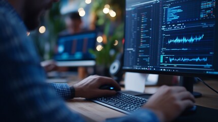 Programmer coding at night, office background