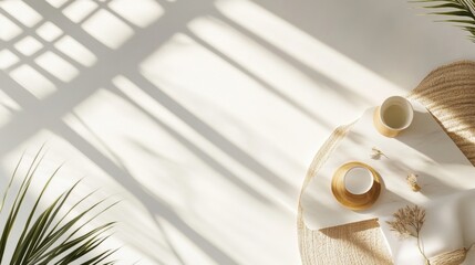 Poster - Light and shadow play on a cozy table with cups and natural decor in a serene setting. Generative AI