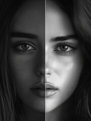 Aufkleber - Mood transformation showing a grayscale sad expression contrasted with a vibrant happy expression in a striking split image. Generative AI