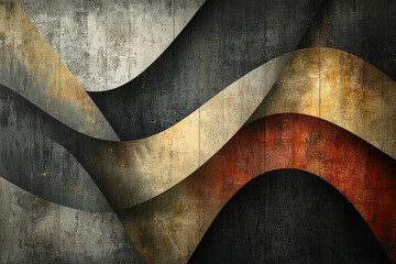 Wall Mural - abstract art with textured, curved shapes in gold, gray, and rust tones on a dark background.