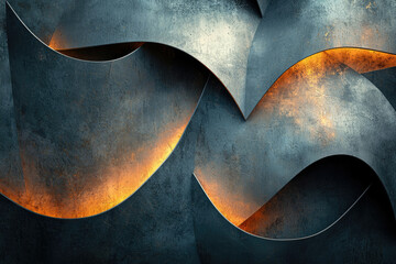 Poster - Abstract metal artwork with curved, textured surfaces illuminated by warm, inner light.