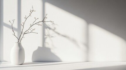 Aufkleber - Minimalist vase with branch casting shadows in a bright room during afternoon light. Generative AI