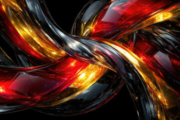 Poster - Abstract art of intertwined glossy metallic ribbons in red, gold, and black colors.