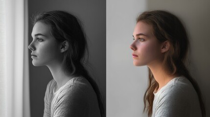 Aufkleber - Mood transformation reflected through contrasting expressions and color tones in a serene indoor setting. Generative AI