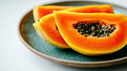 Wall Mural -   A close-up of a plate featuring halved papaya and a whole papaya