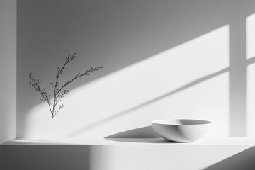 Poster - Minimalistic interior design featuring a white bowl and branch casting shadows in a serene space. Generative AI