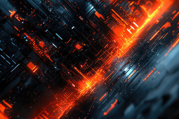 Poster - Abstract digital artwork depicting a complex, glowing circuit board with orange and black hues.