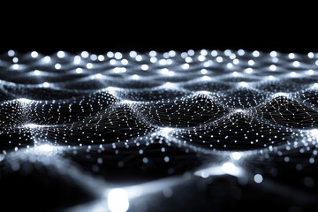Poster - Abstract digital landscape, glowing nodes forming a network mesh, undulating surface in dark background.