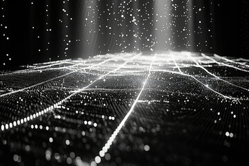 Poster - Abstract digital landscape with glowing lines and particles, representing data streams and network connections.
