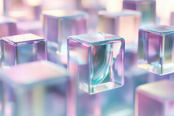 Poster - Iridescent glass cubes, a 3D render showcasing pastel colors and reflective surfaces.  Abstract, modern design.
