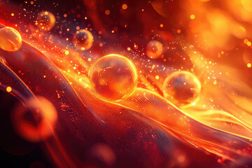 Poster - Abstract fiery orange spheres floating on a glowing, dynamic wave of particles.