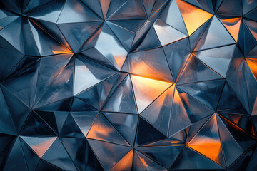 Poster - Abstract geometric pattern of dark, metallic triangles reflecting warm orange light.