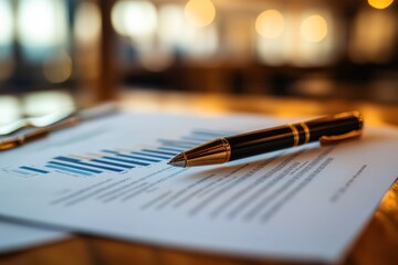 Aufkleber - Business report with colorful graphs and a gold pen on a wooden desk during a bright office environment. Generative AI
