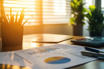 Poster - Morning sunlight illuminates a workspace featuring financial charts, greenery, and office supplies. Generative AI