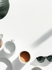 Aufkleber - Morning coffee and sunglasses on a bright table with plants in the background amidst a tranquil setting. Generative AI